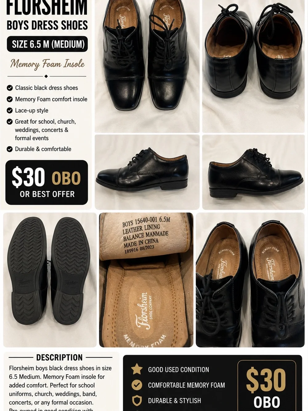 Florsheim Boys Black Lace-Up Dress Shoes